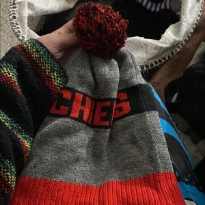 Gray and Red Knit Beanie with Pom Pom